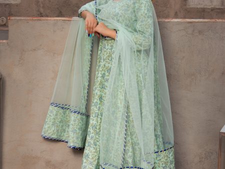 Pomcha Jaipur Aqua Green Hand Block Print Anarkali Set For Sale