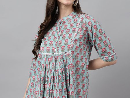 Janasya Women s Aqua Blue Cotton Floral Print A-Line Top For Sale