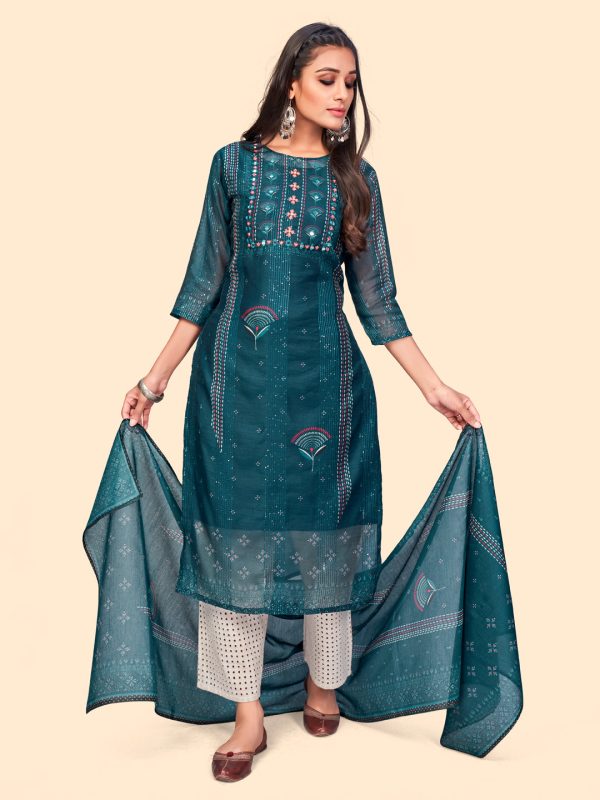 NOZ2TOZ Women s Sequience & Embroidered Straight Chanderi Teal Blue Stitched Kurta With Dupatta Cheap