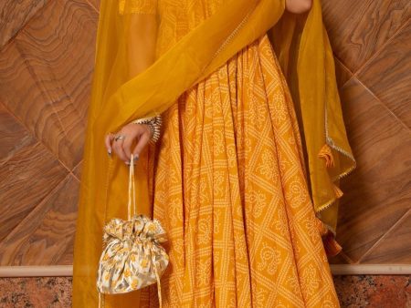 Pomcha Jaipur Bandhej Yellow Cotton Anarkali Set Online