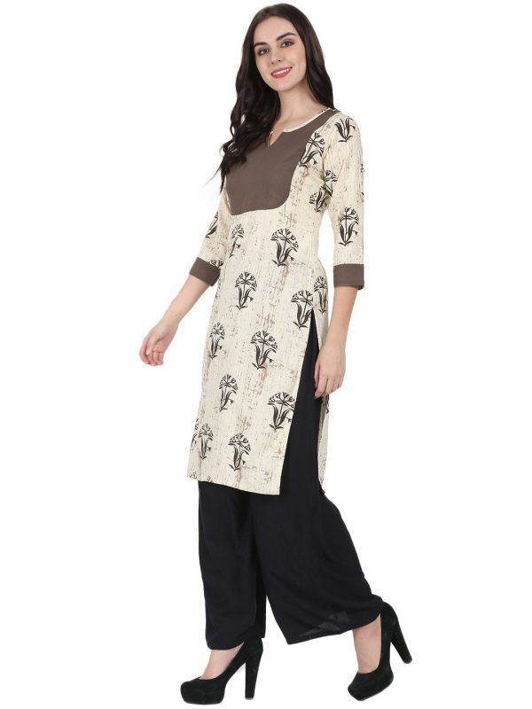 NOZ2TOZ Beige Printed 3 4Th Sleeve Cotton Kurta For Discount