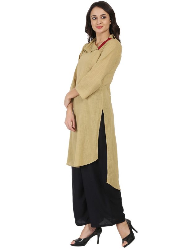 NOZ2TOZ Beige 3 4Th Sleeve Cotton Slub Straight Kurta For Cheap