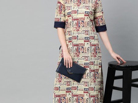 NOZ2TOZ Beige With Multi Colored Abstract Print Kurta With Solid Navy Blue Palazzos Online