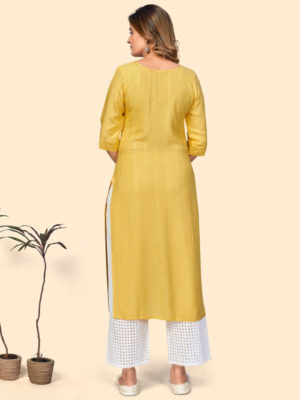 NOZ2TOZ Women s Sequence & Hand Work Straight Viscose Yellow Stitched Kurta Online now