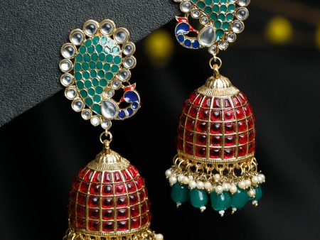 Priyaasi Women Traditional Ruby & Emerald Peacock Oversized Jhumkas Discount