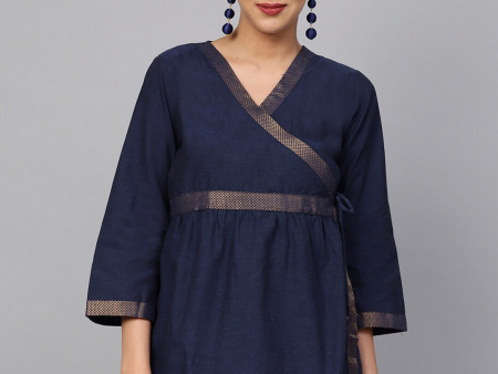 Wahe-NOOR Women s Navy Blue Solid Angrakha Tunic Discount