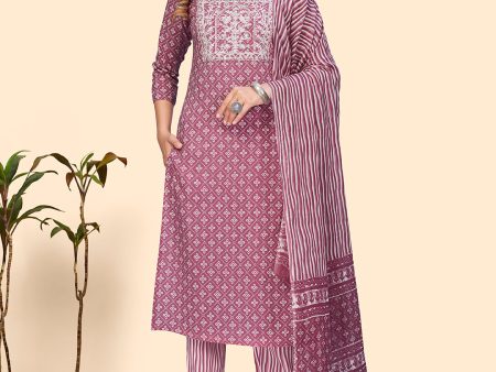 NOZ2TOZ Women s Purple Mauve Print & Embroidered Straight Cotton Stitched Kurta Pant With Dupatta on Sale