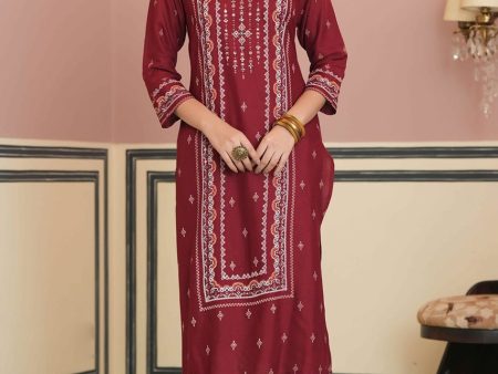 Juniper Maroon Rayon Festive Printed Straight Kurta For Women Supply