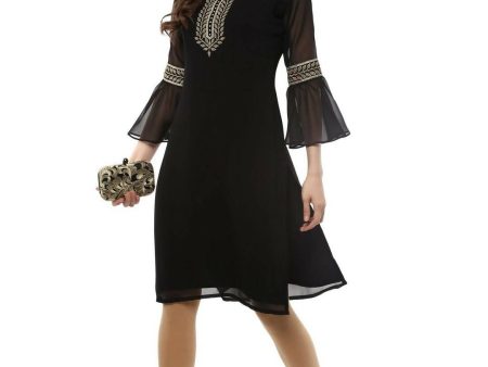 Ahalyaa Women s Black Georgette Glitter Print Kurta Sale