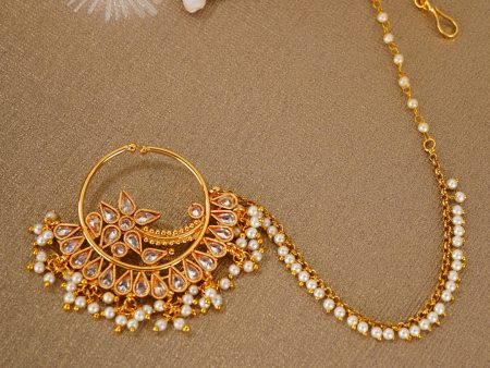 Priyaasi Designer Gold Plated NoseRing Nath With Pearl Chain For Women And Girls Fashion