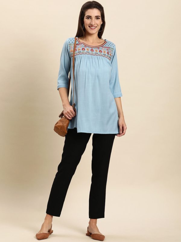 Janasya Women s Light Blue Rayon Slub Embroidered Regular Tunic Discount