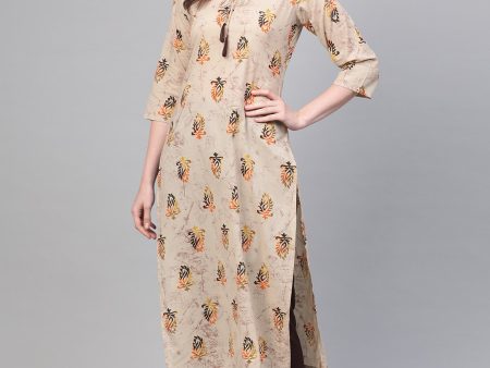 NOZ2TOZ Beige With Multi Colored Floral Kurta With Solid Chocolate Brown Pants Online now