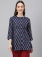 Janasya Women s Navy Blue Cotton Floral Print Peplum Top Sale