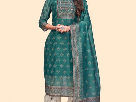 NOZ2TOZ Women s Sequience & Embroidered Straight Chanderi Teal Green Stitched Kurta With Dupatta For Sale