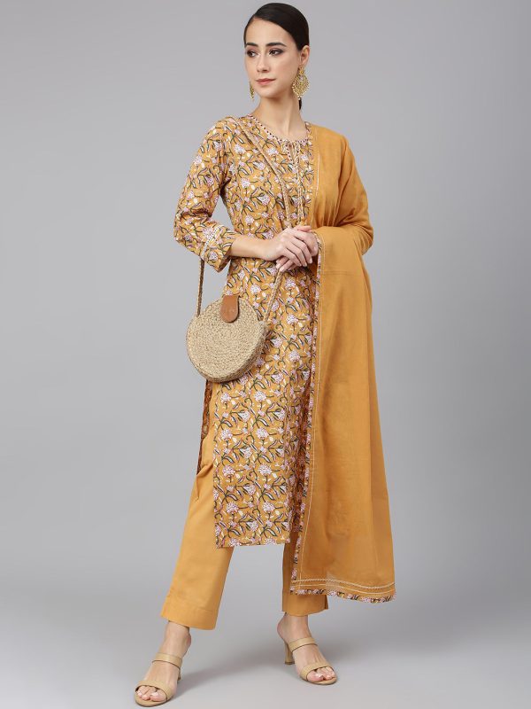 Janasya Women s Light Brown Cotton Floral Print Kurta With Pant And Dupatta Supply