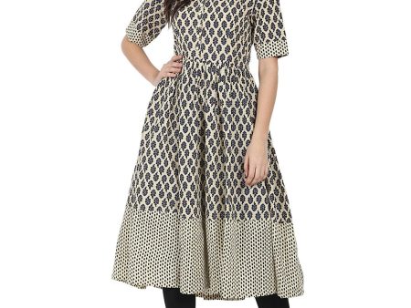 NOZ2TOZ Beige & Blue Printed Half Sleeve Cotton Anarkali Kurta on Sale