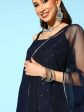 Ahalyaa Women Navy Blue Colour Crepe Foil Printed Kurta Sharara Set With Dupatta Sale