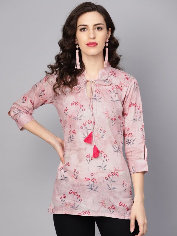 NOZ2TOZ Baby Pink Printed 3 4Th Sleeve Cotton Tunic Hot on Sale