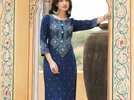 Juniper Blue Rayon Festive Printed Straight Kurta For Women For Sale