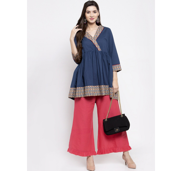 Wahe-NOOR Women s Navy Blue Solid Flared Tunic Fashion