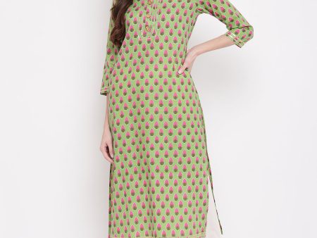 NOZ2TOZ Women s Printed, Lace Work Straight Cotton Parrot Green Kurti Online now