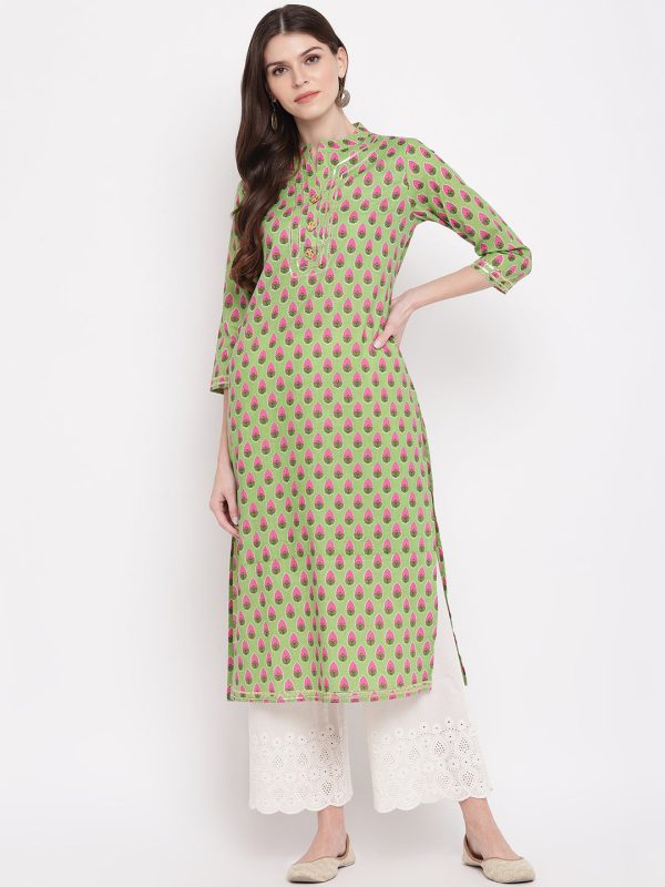 NOZ2TOZ Women s Printed, Lace Work Straight Cotton Parrot Green Kurti Online now