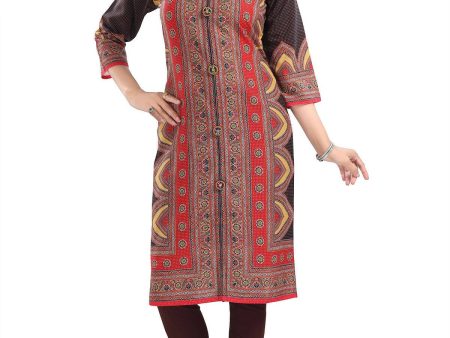 Snehal Creations Bombastic Brown Designer Digital Print Cotton Slub Fabric Long Kurti Tunic For Sale