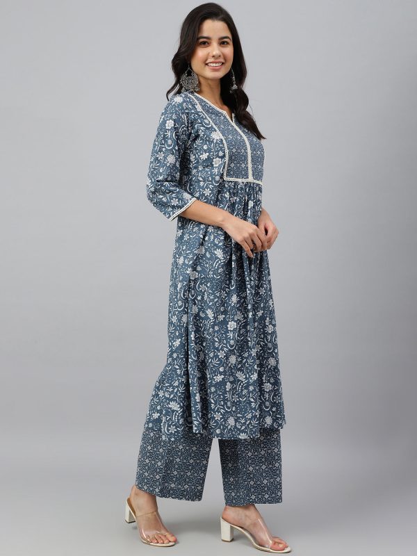 Janasya Women s Grey Cotton Floral Print Kurta With Palazzo Online