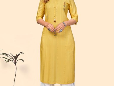 NOZ2TOZ Women s Sequence & Hand Work Straight Viscose Yellow Stitched Kurta Online now