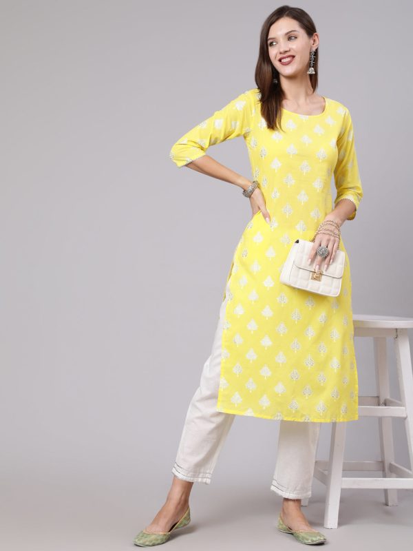 NOZ2TOZ Women Yellow Printed Straight Kurta With Solid White Palazzo Hot on Sale