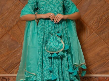 Pomcha Jaipur Bandhej Tiffany Blue Cotton Anarkali Set Sale