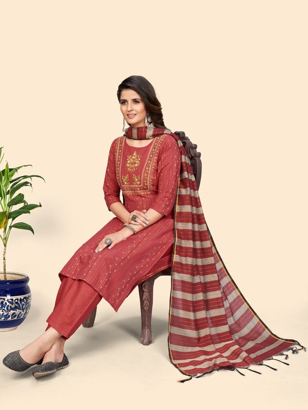 NOZ2TOZ Women s Print & Embroidered Straight Cotton Coral Stitched Kurta Pant With Dupatta Fashion