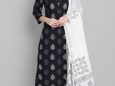 Janasya Women s Black Cotton Block Print Kurta With Palazzo And Dupatta Supply