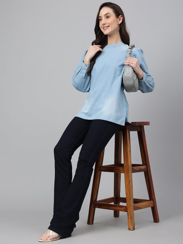 Janasya Women s Light Blue Denim Solid Regular Top Online now