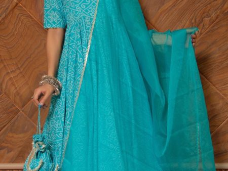 Pomcha Jaipur Bandhej Blue Cotton Anarkali Set For Cheap