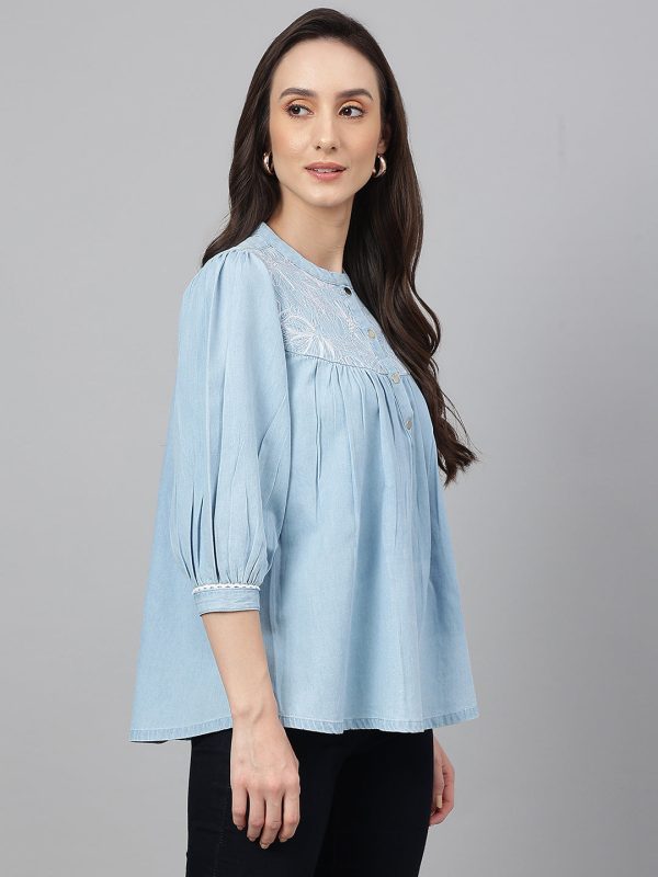 Janasya Women s Light Blue Denim Embroidered Flared Top Online now