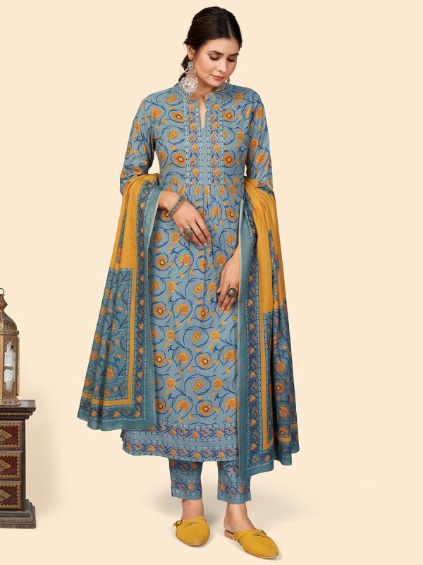 NOZ2TOZ Women Teal Blue Cotton Kurta With Pant & Dupatta (3pcs Set) Online Sale