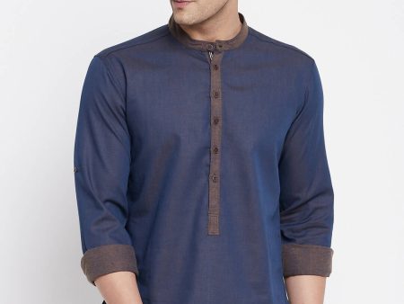 Even Apparels Pure Cotton Blue Men s Kurta With Band Collar Online now