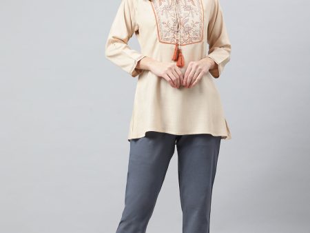 Janasya Women s Beige Rayon Slub Embroidered A-Line Top Sale