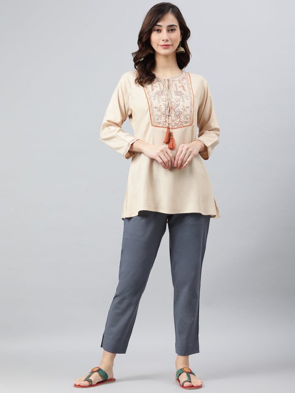 Janasya Women s Beige Rayon Slub Embroidered A-Line Top Sale