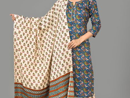 Kaajh Blue Floral Print Cotton Suit Set For Women For Sale