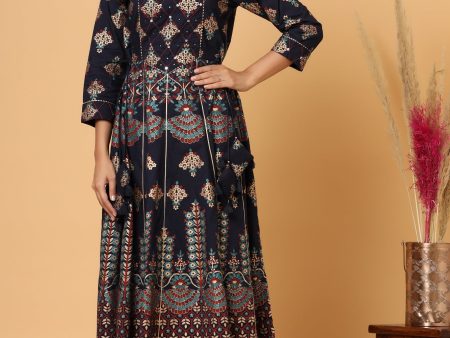 Kaajh Blue Gold Printed Embellishment Anarkali Kurta For Women Online