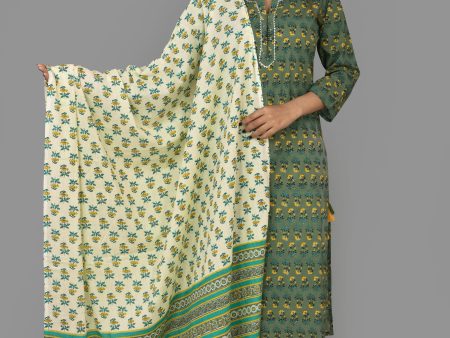 Kaajh Green Floral Print Cotton Suit Set For Women Sale