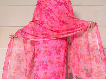 Pomcha Jaipur Cosmos Pink Chinnon Chiffon Suit Set For Discount